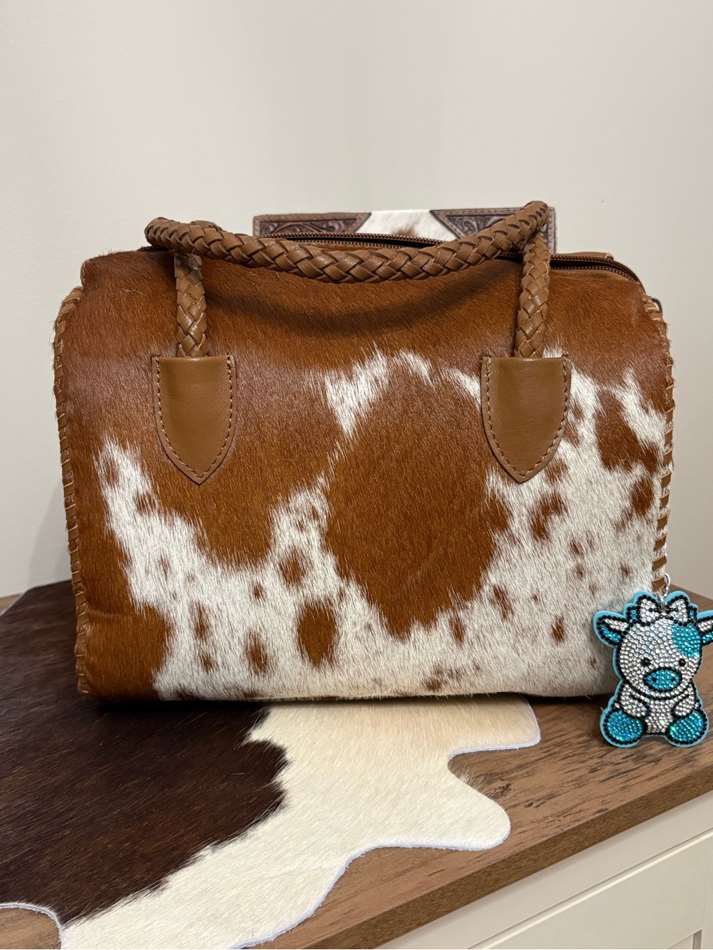 Brown and White Cowhide Satchel Bag with Braided Handles